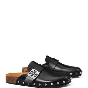 Tory Burch Black Leather Studded Mule Clogs with Silver Logo Accent